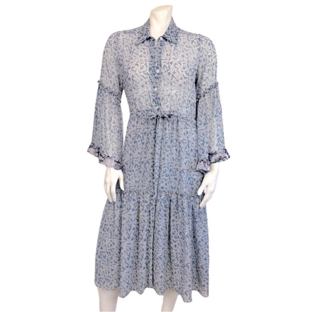 MISA Los Angeles Blue White Sheer Floral Chiffon Button Up Bell Sleeve MidiDress